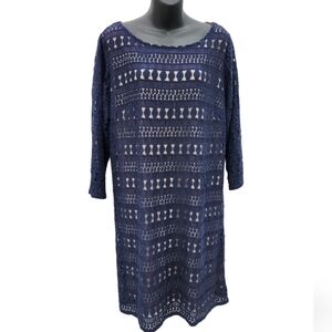 Sharagano Womens Navy Blue Cream Lace Overlay 3/4 Sleeves Sheath Formal Dress